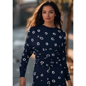 80s Dennis Goldsmith Dress Women Size 8 Black Print Midi Dolman Ruched Waist EUC